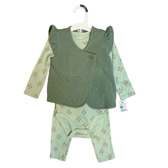 NWT Carters 3pc Outfit Baby Girl Infant Size 18mth Top Bottom Quilted Vest Green - Picture 1 of 9